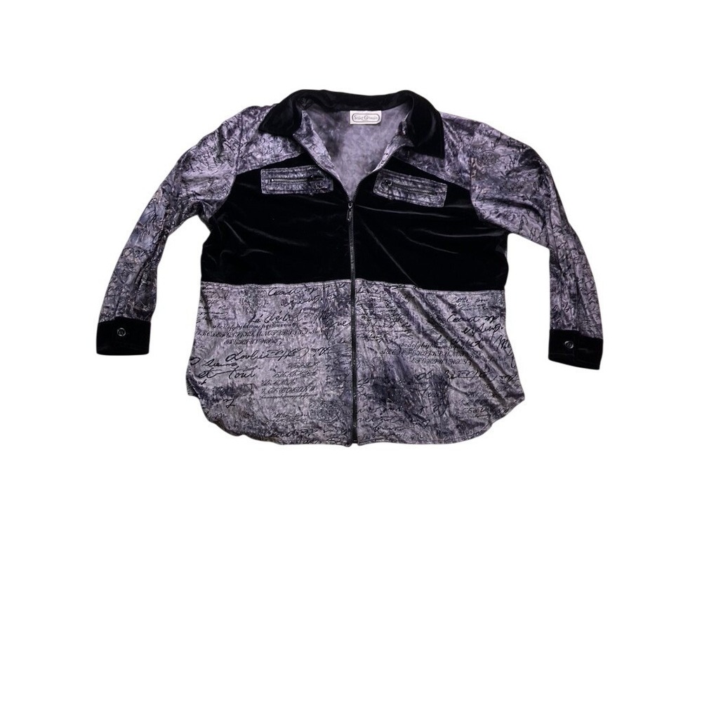 Vintage‎ Saint Germain Zip Up Shirt Womens XL Gray Black Script Velvet Trim